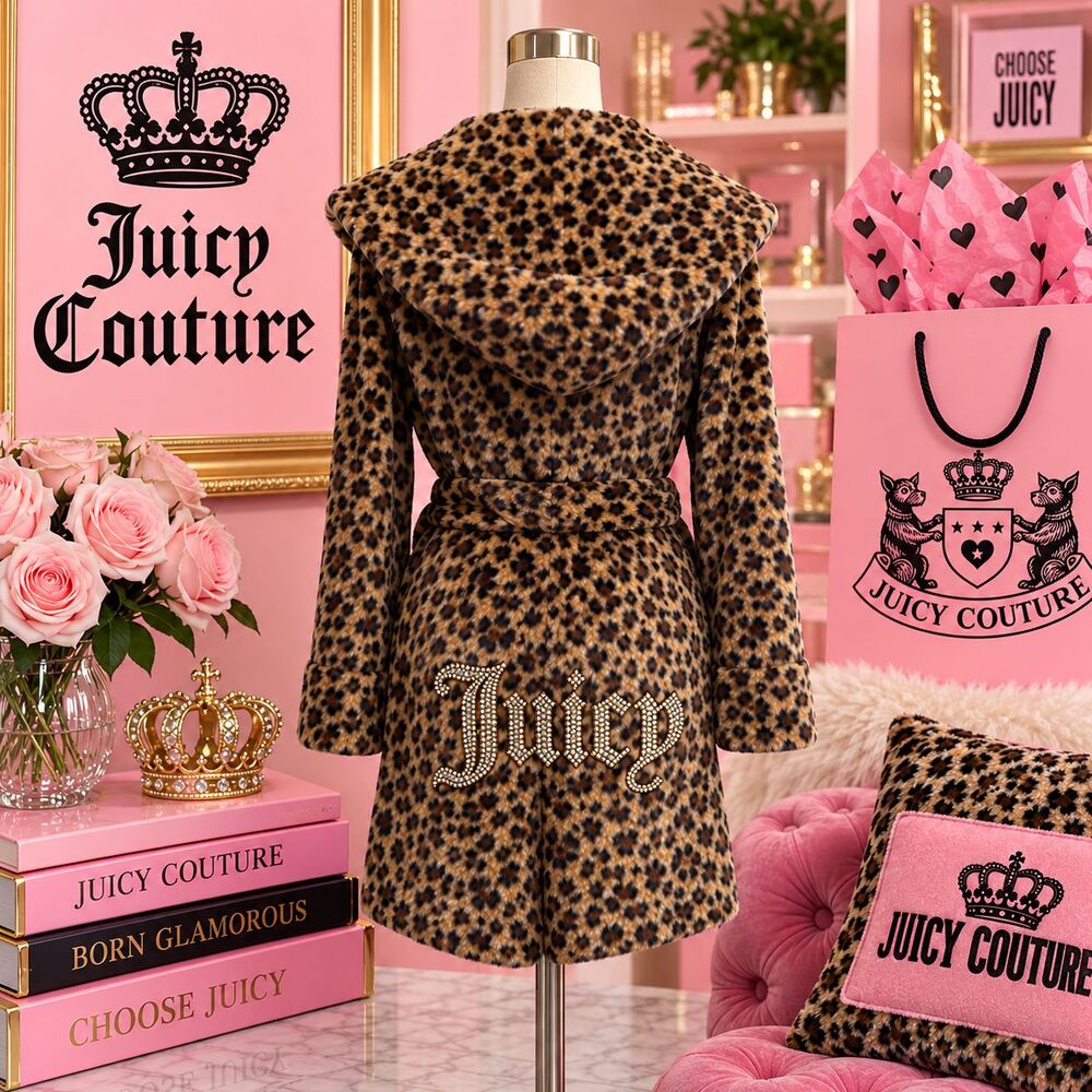 Vintage Y2K Juicy Couture Leopard Plush Wrap Robe Lounge S/M Juicy Butt 3303-79